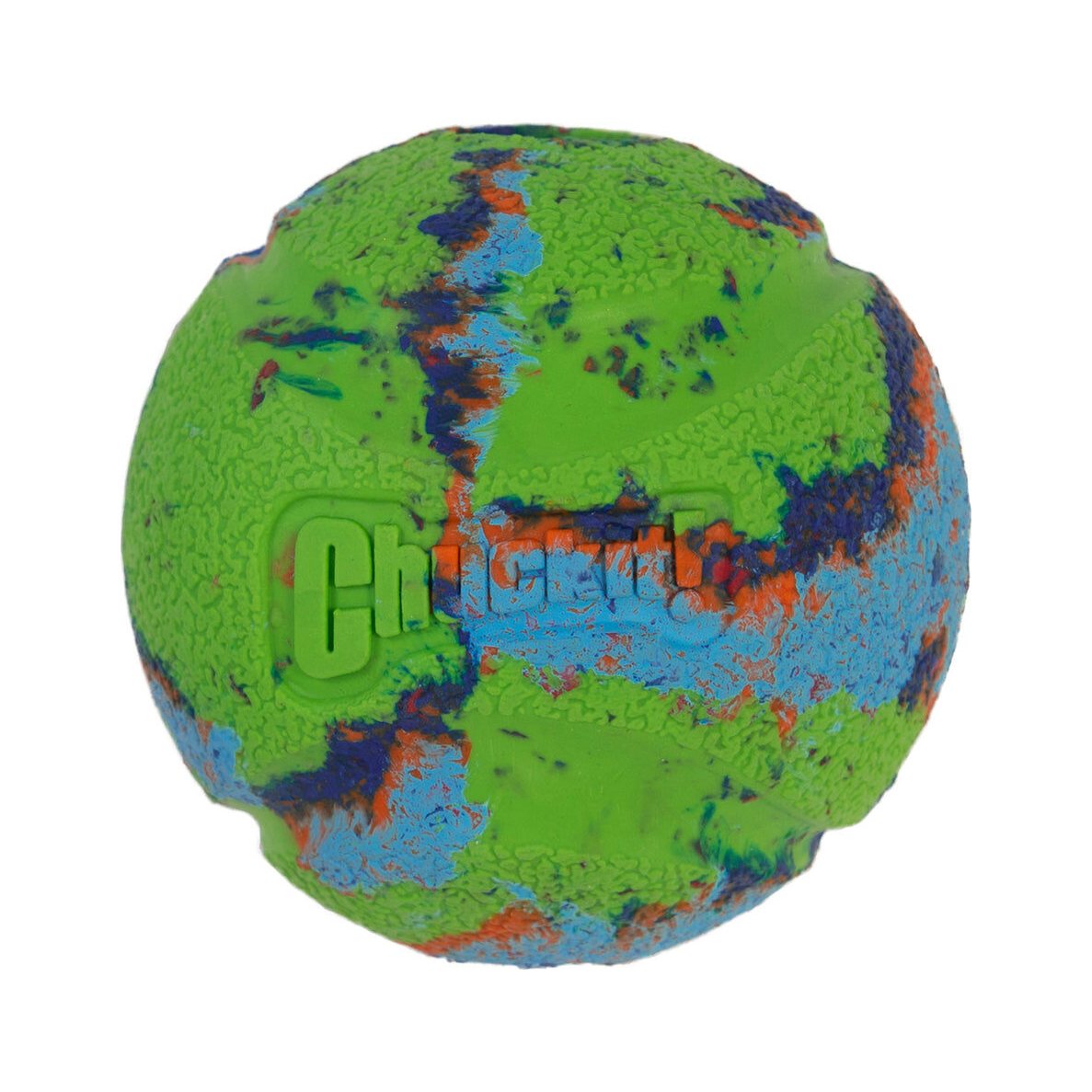 Chuckit! Eco Fetch Bal van gerecycled rubber, groen gemarmerd met blauw en oranje, productfoto