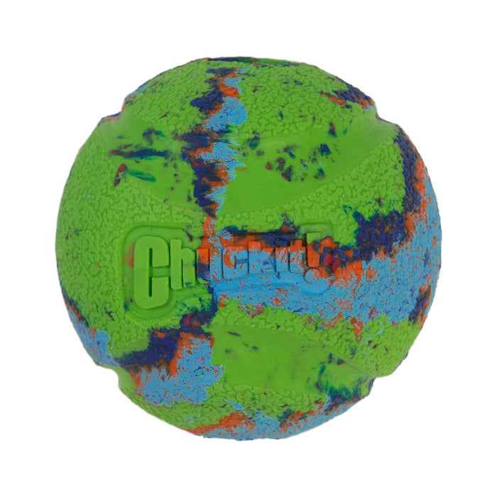 Chuckit! Eco Fetch Bal van gerecycled rubber, groen gemarmerd met blauw en oranje, productfoto