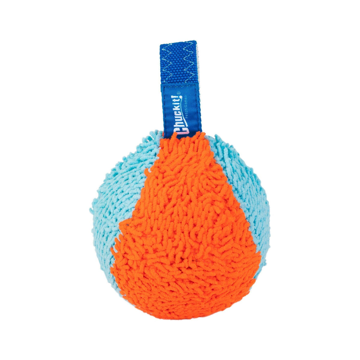 Chuckit! Indoor Shaker: zachte oranje-blauwe chenille speelbal met handlus, productfoto