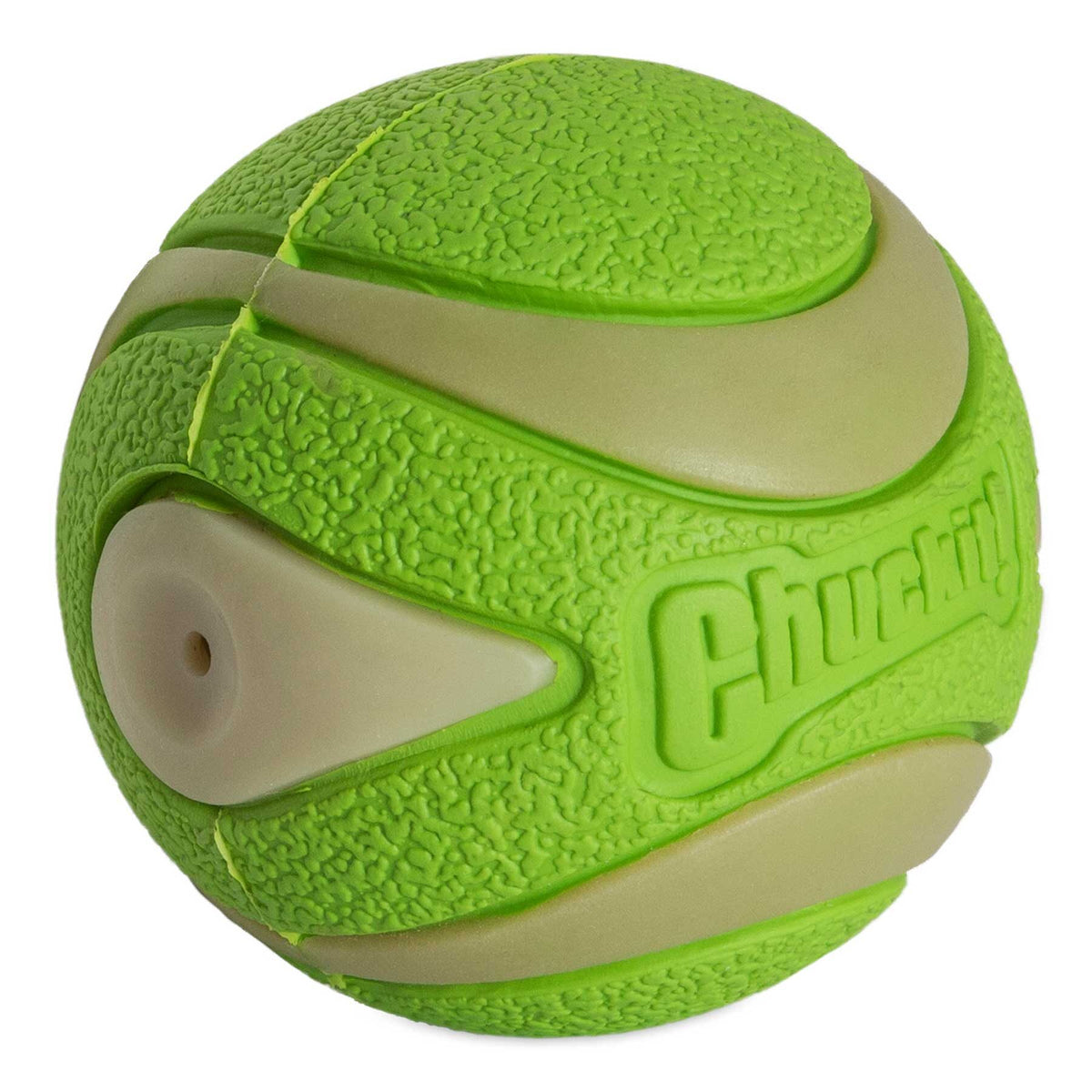 Chuckit! Max Glow Ultra Squeaker Bal schuin van opzij, met de piepopening