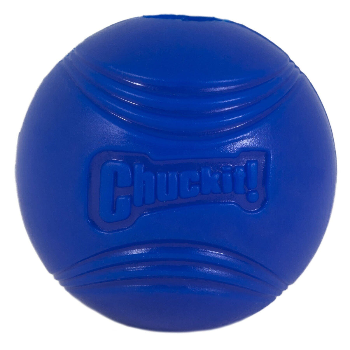 Chuckit! Super Crunch Bal van voren, blauw rubber met Chuckit!-logo