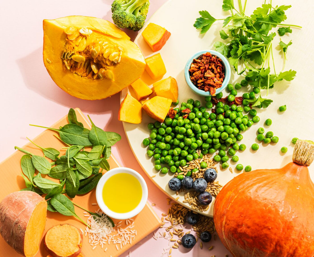 Ingrediënten van Imby plantaardige brokken: pompoen, erwten, spinazie, zoete aardappel en bessen