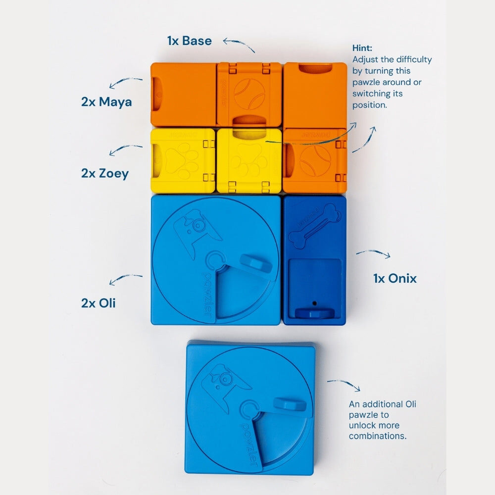 Inhoud Pawzler Rainbow Set: basisbord met twee Maya, twee Zoey, twee Oli en een Onix puzzelstuk