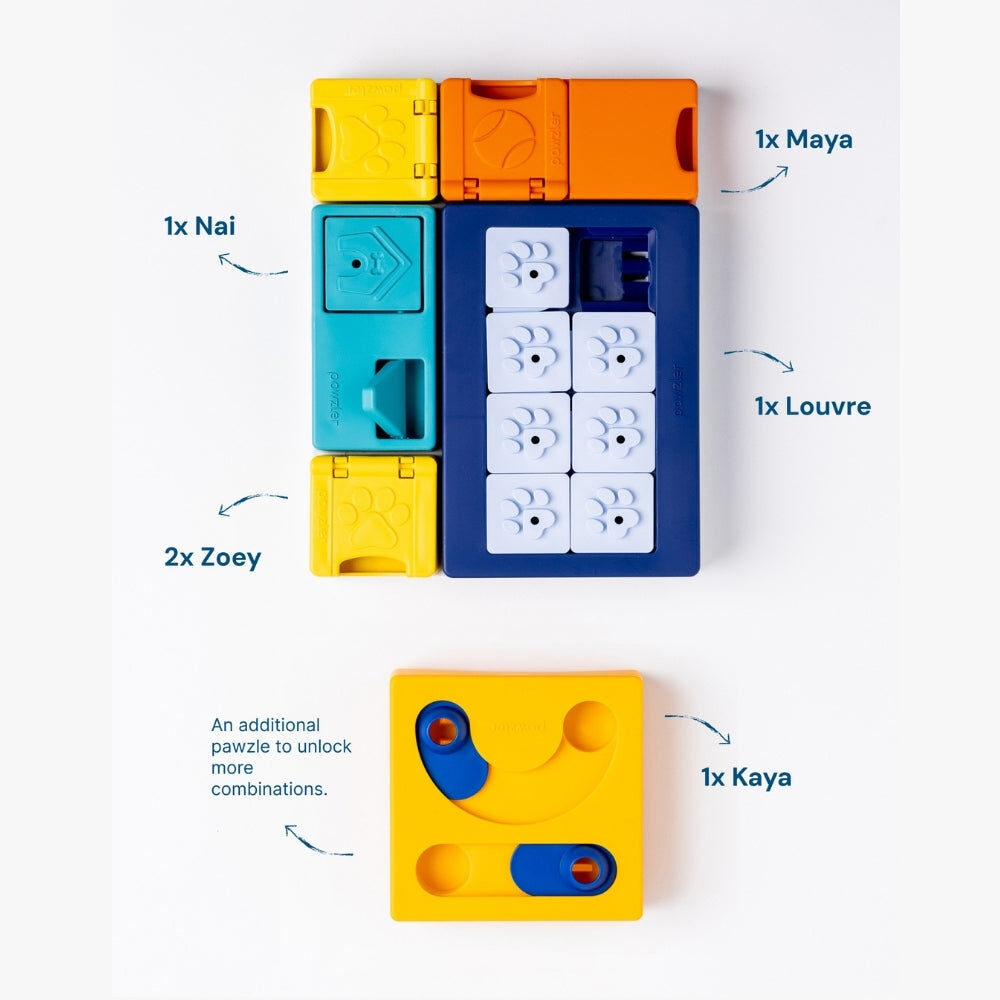 Inhoud Pawzler Smarty Set: basisbord met Louvre, Nai, Maya, twee Zoey en een extra Kaya puzzelstuk