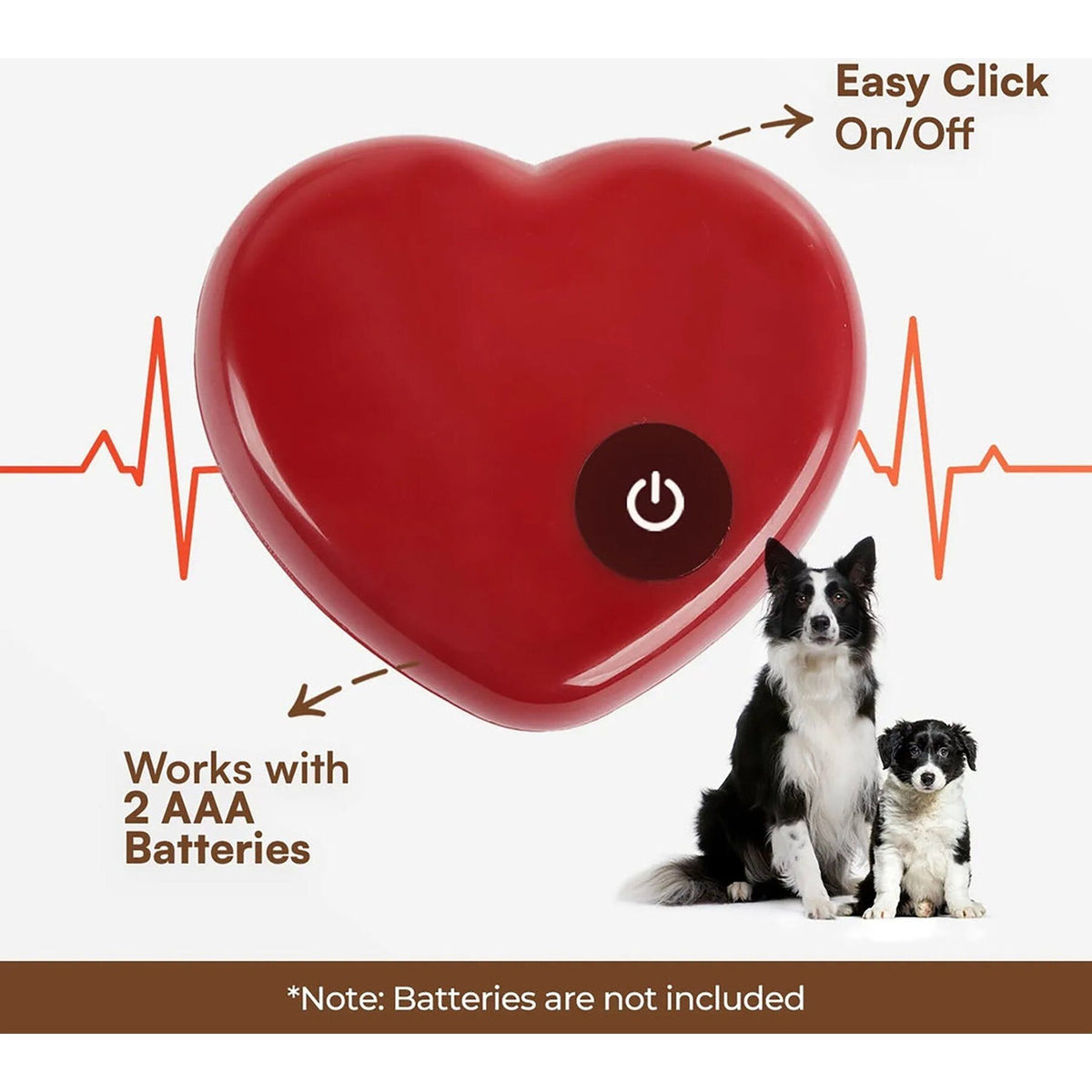 Hartslaghartje van de Calm Paws knuffel met aan/uit-knop, werkt op 2 AAA-batterijen (niet inbegrepen)