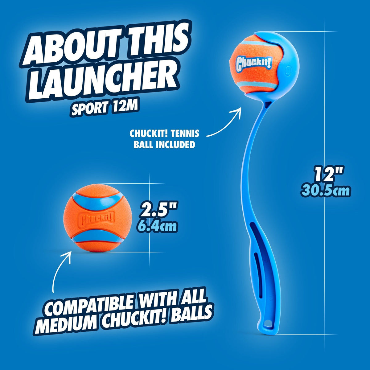 Afmetingen Chuckit! Sport ballenwerper 30 cm met M-bal van 6,4 cm (Engelstalig)