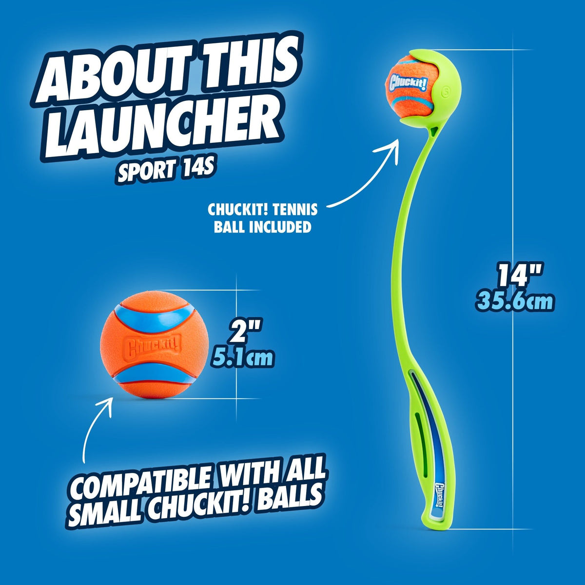 Afmetingen Chuckit! Sport ballenwerper 35 cm met S-bal van 5 cm (Engelstalig)
