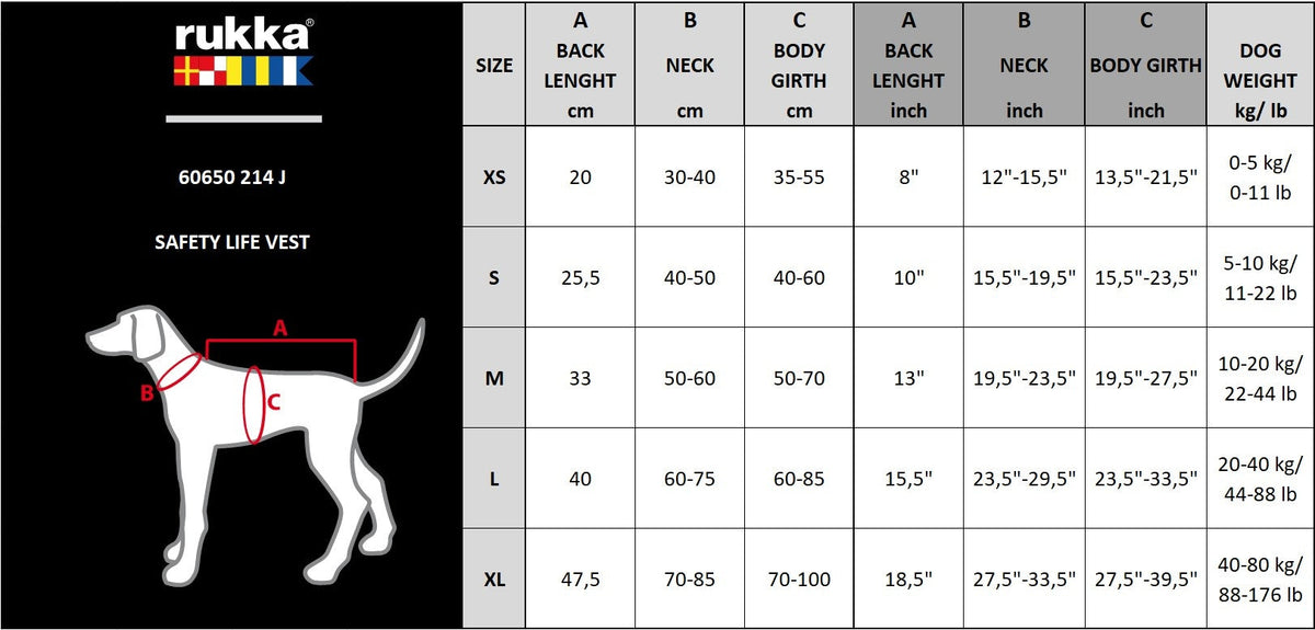 Rukka Safety Life Vest — maattabel